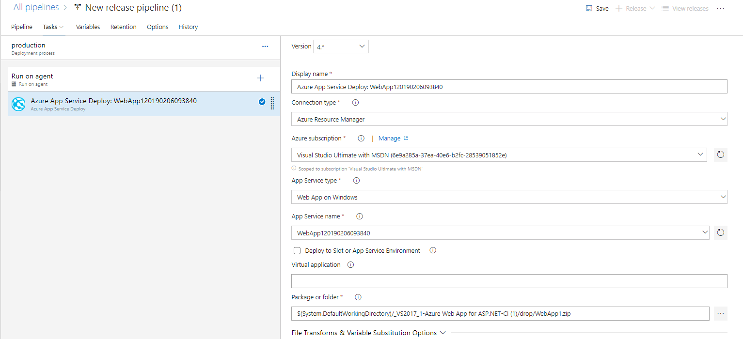 Screenshot of Azure App Service Deploy task configured as per the steps
